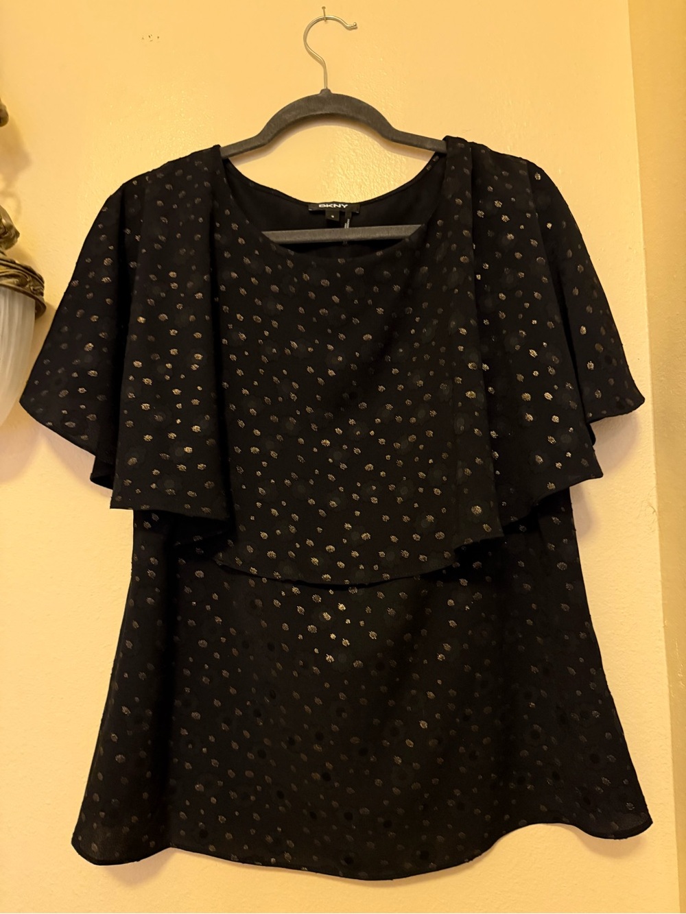 DKNY Black Metallic Dot Asymmetrical Overlay Blouse